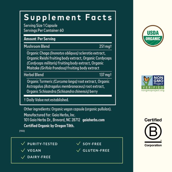Frasco y caja Gaia Herbs suplemento con hongos y hierbas para inmunidad