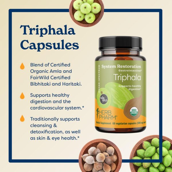 Frasco y cajas de cápsulas triphala veganas Herb Pharm