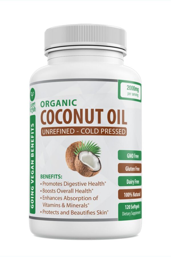 Frasco de cápsulas de aceite de coco orgánico