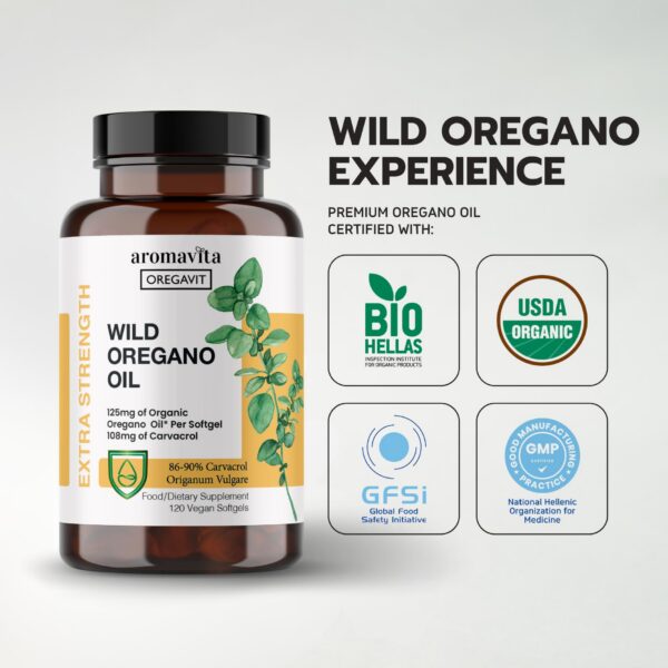 Frasco cápsulas de aceite de orégano orgánico aromavita 120 unidades