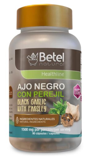 Frasco de cápsulas de ajo negro con perejil Betel Natural