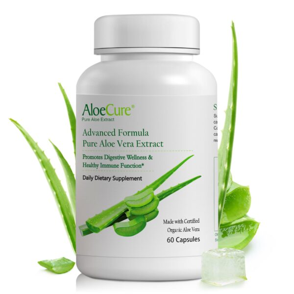 Frasco cápsulas Aloe Vera orgánico AloeCure apoyo digestivo e inmunológico