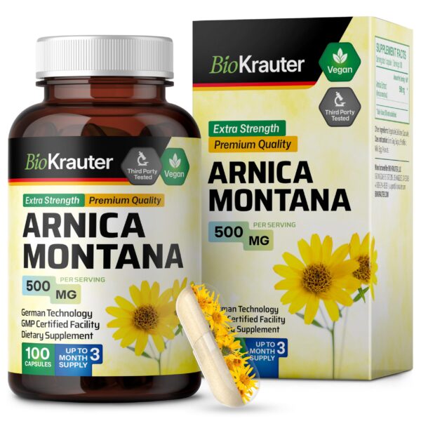 Frasco de cápsulas de árnica montana BIO KRAUTER 100 unidades