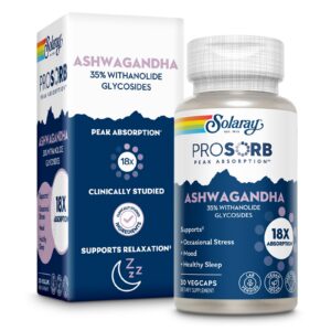 Frasco de cápsulas Ashwagandha 18X absorción Solaray veganas 30 días