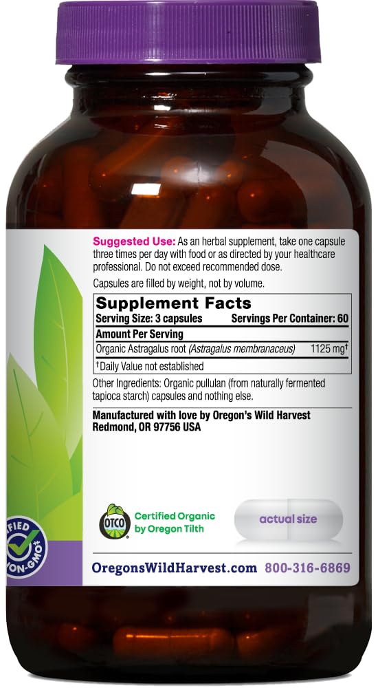 Frasco de cápsulas de astrágalo orgánico Oregon's Wild Harvest
