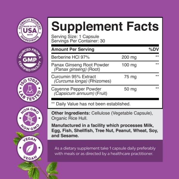 Frasco de cápsulas de berberina con ginseng y cúrcuma de Natures Craft