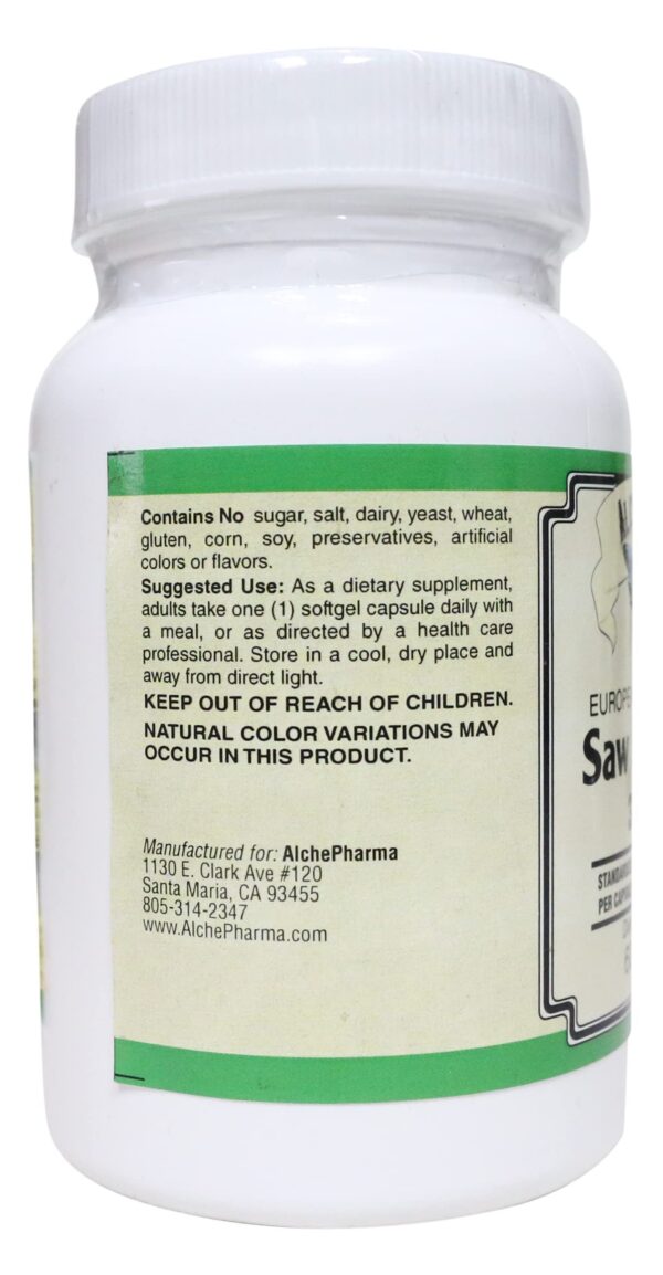 Frasco con cápsulas blandas Saw Palmetto AlchePharma