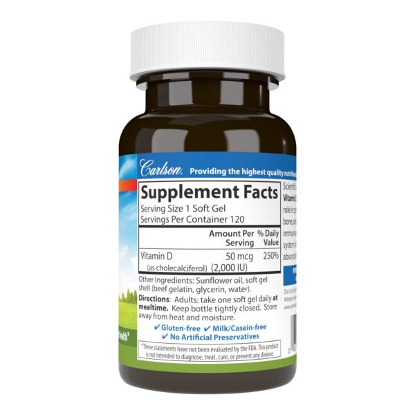Frasco cápsulas blandas vitamina D Carlson Laboratories 2000 UI
