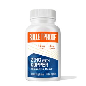 Frasco de cápsulas Bulletproof Zinc con cobre para soporte inmune