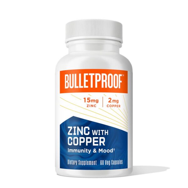 Frasco de cápsulas Bulletproof Zinc con cobre para soporte inmune