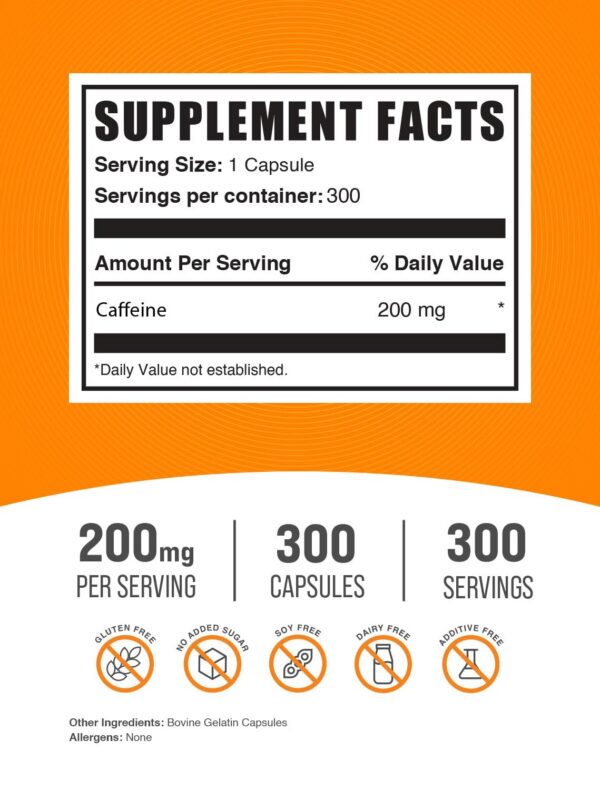 Frasco de cápsulas de cafeína BulkSupplements 200mg