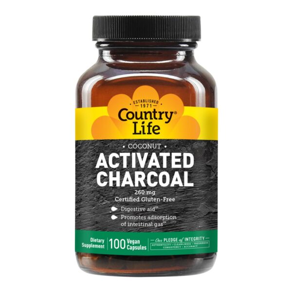 Frasco cápsulas carbón activado Country Life 260mg