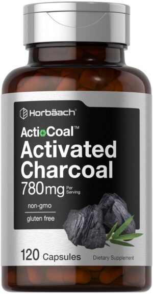 Frasco de cápsulas carbón activado Horbäach 780mg 120 unidades