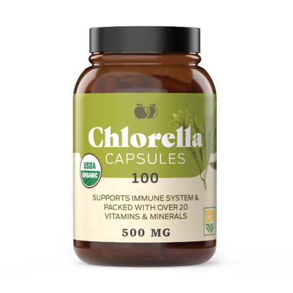 Frasco de cápsulas de chlorella Complete Natural Products 100 unidades