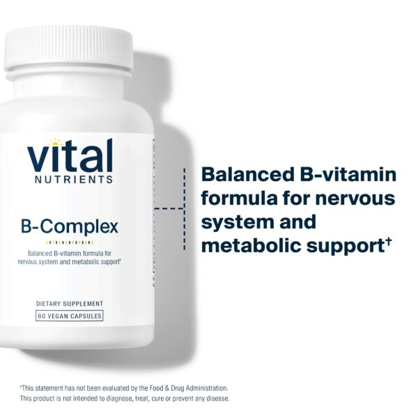 Frasco cápsulas complejo b metilado vital nutrients etiqueta