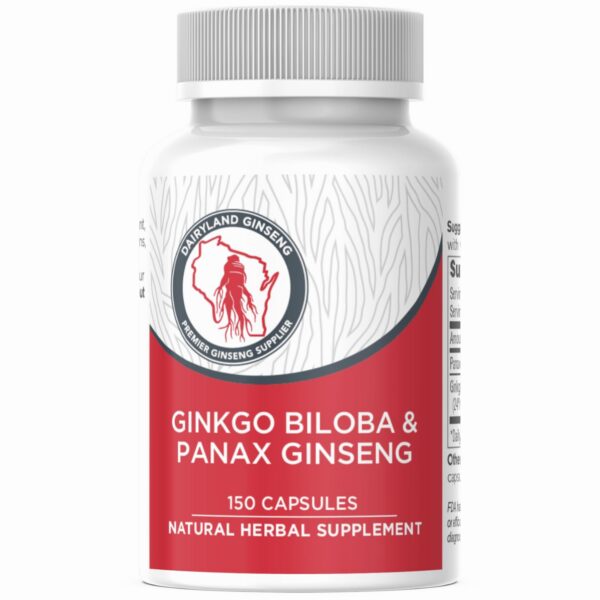 Frasco de cápsulas Dairyland Panax Ginseng y Gingko Biloba