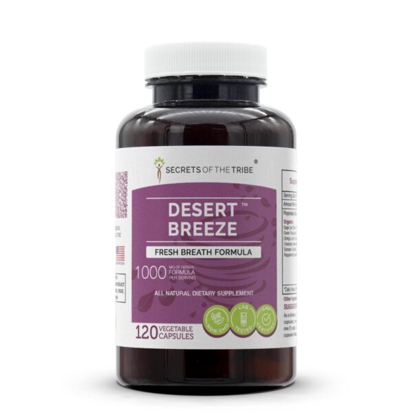 Frasco de cápsulas Desert Breeze 120 con ingredientes naturales para aliento fresco