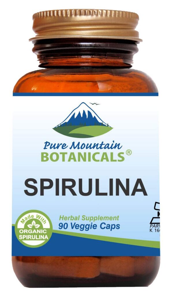 Frasco de cápsulas de espirulina orgánica Pure Mountain Botanicals