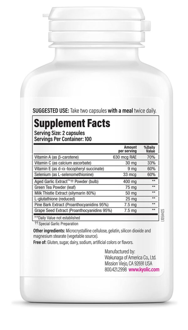 Frasco de cápsulas de extracto de ajo madurado Kyolic vista superior