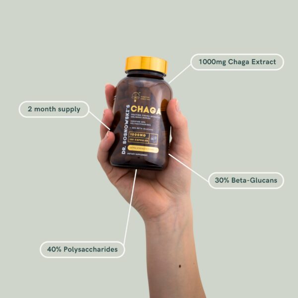 Frasco y cápsulas de extracto de Chaga para apoyo inmunológico