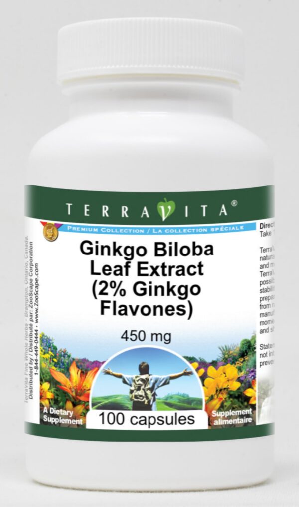 Frasco de cápsulas de extracto de Ginkgo Biloba 450 mg TerraVita