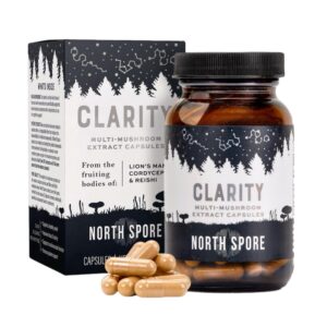 Frasco de cápsulas extracto hongos orgánicos Clarity North Spore