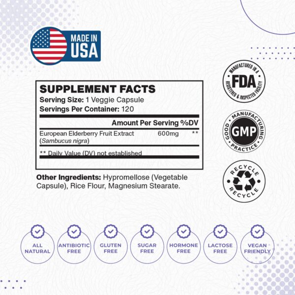 Frasco cápsulas Foods For Gut Elderberry Fruit Plus 600 mg por porción