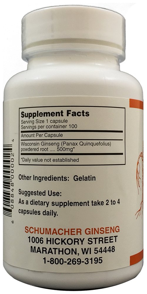 Frasco cápsulas ginseng puro Wisconsin Schumacher Ginseng