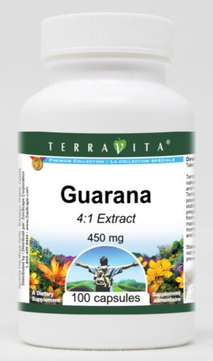 Frasco de cápsulas de guaraná 4 a 1 450 mg TerraVita