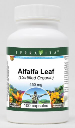 Frasco de cápsulas de hoja de alfalfa orgánica TerraVita