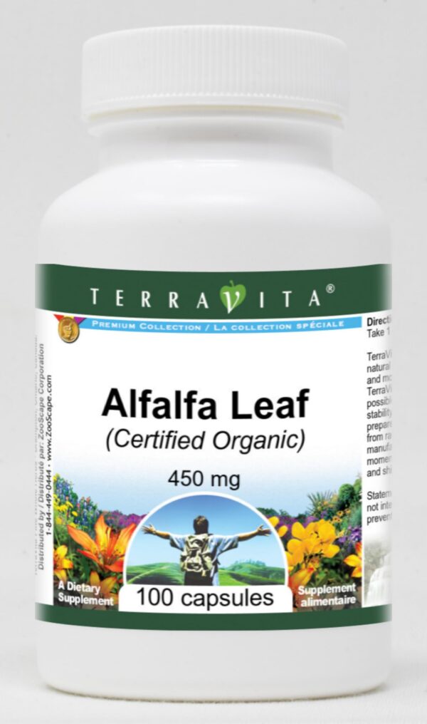 Frasco de cápsulas de hoja de alfalfa orgánica TerraVita