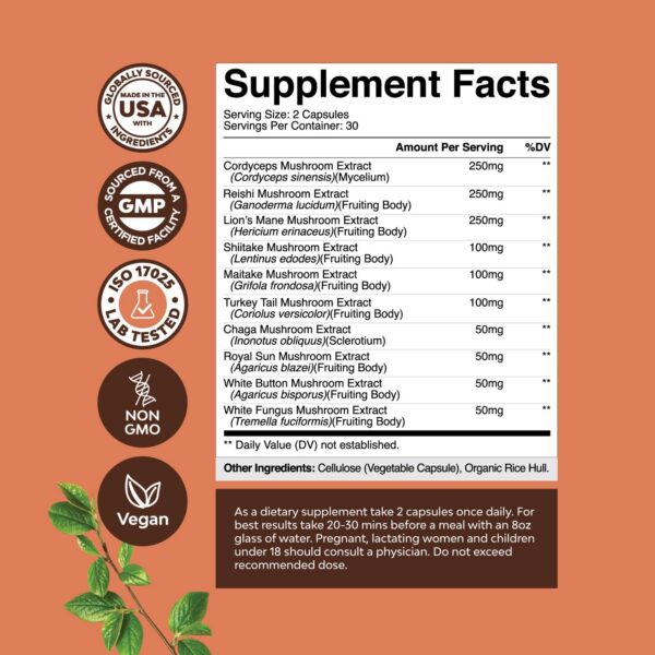 Frasco de cápsulas de hongos para salud cerebral Natures Craft