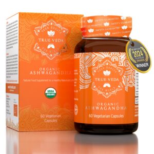 Frasco de cápsulas KSM-66 Ashwagandha True Veda orgánico
