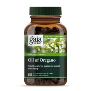 Frasco de cápsulas líquidas veganas de aceite de orégano Gaia Herbs