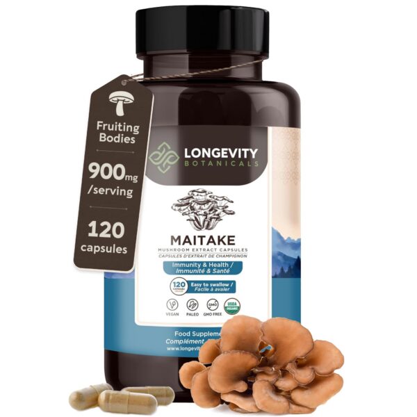Frasco cápsulas Maitake orgánico concentrado 10:1 Longevity Botanicals