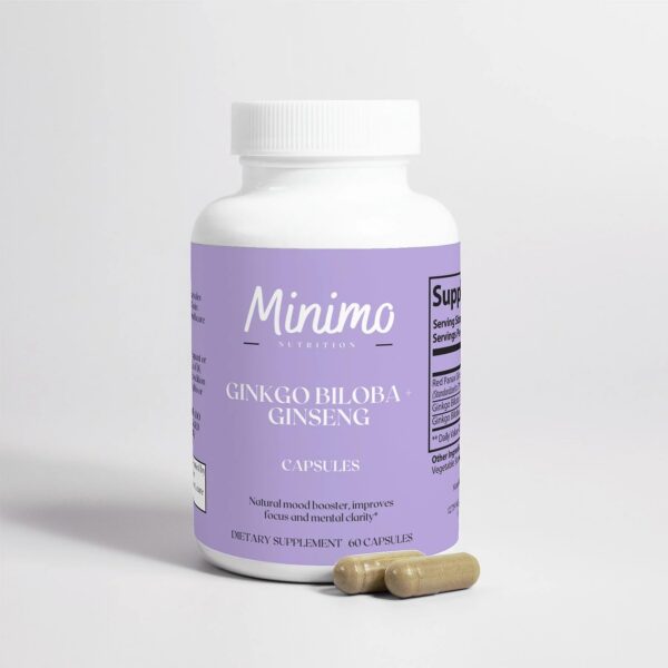 Frasco de cápsulas Minimo Nutrition Ginkgo Biloba y Ginseng para energía y salud cerebral
