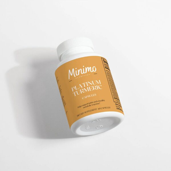 Frasco de cápsulas Minimo Nutrition Platinum Cúrcuma con jengibre naturales
