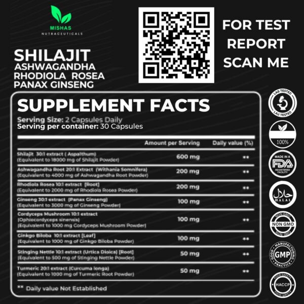Frasco de cápsulas Mishas para bienestar con Ashwagandha y Ginseng