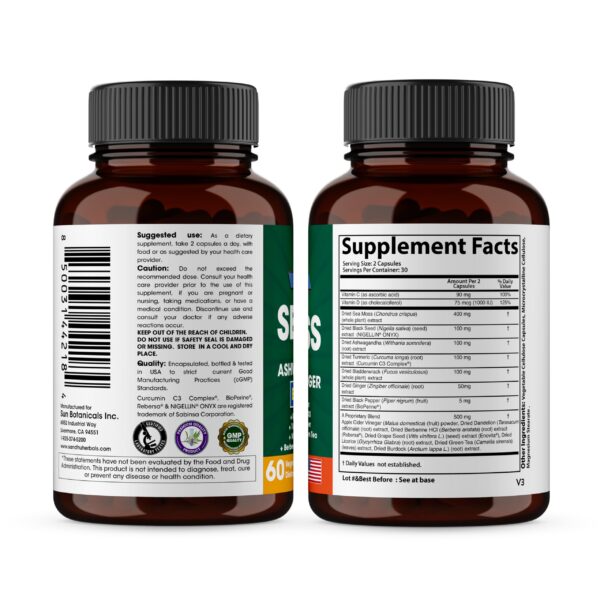 Version 1.0.0 Frasco de cápsulas musgo marino SANDHUHERBALS con ashwagandha y jengibre