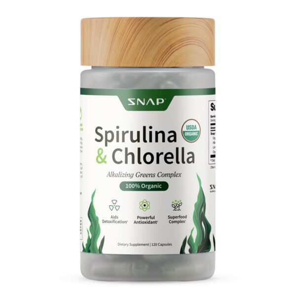 Frasco cápsulas orgánicas espirulina y chlorella Snap Supplements