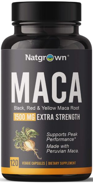 Frasco de cápsulas orgánicas de maca Natgrown 1500 mg 120 unidades