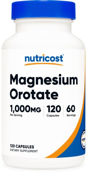 Frasco de cápsulas Orotato de Magnesio Nutricost 1000mg