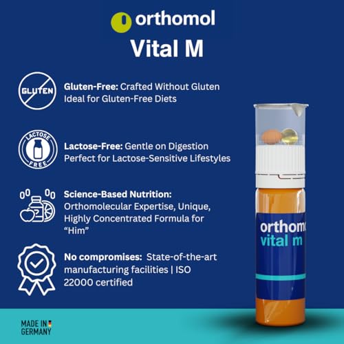 Frasco con cápsulas Orthomol Vital M suplemento energético masculino