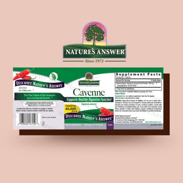 Frasco con cápsulas de pimienta de cayena Nature's Answer 90 tabletas