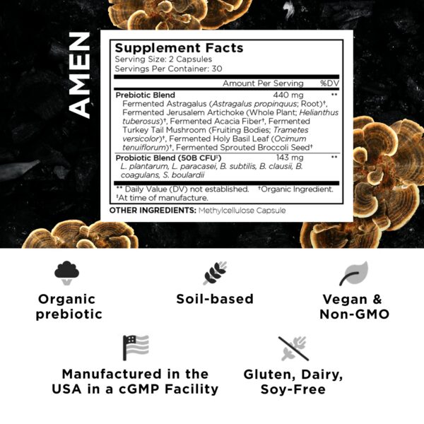 Frasco de cápsulas probióticas Amen vegano sin refrigerar