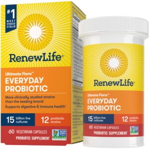 Frasco cápsulas probióticas Renew Life soporte digestivo e inmune