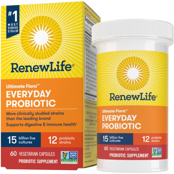 Frasco cápsulas probióticas Renew Life soporte digestivo e inmune