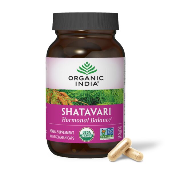 Frasco cápsulas shatavari orgánico suplementación hormonal Organic India