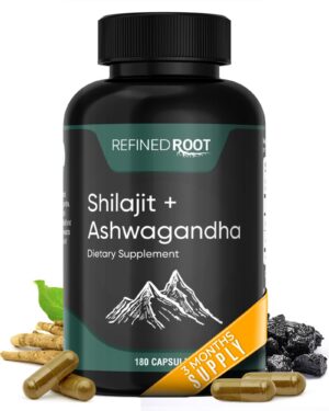 Frasco de cápsulas Shilajit y Ashwagandha 180 unidades