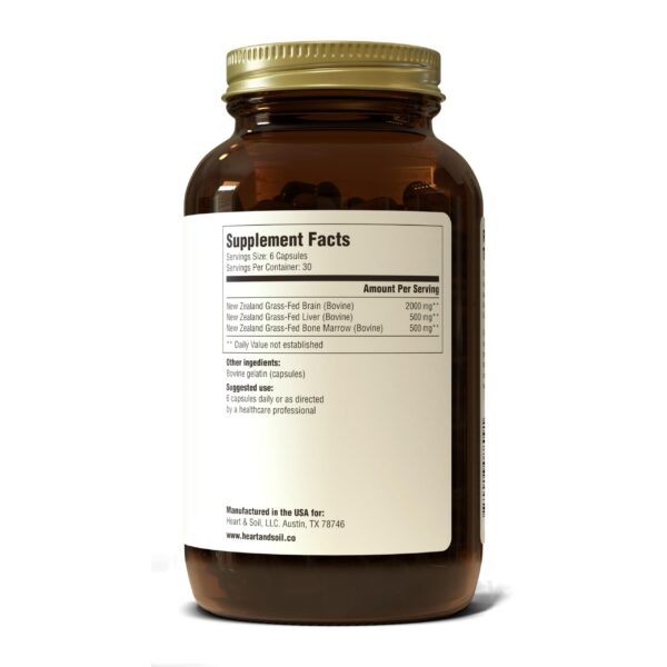 Frasco con cápsulas de suplemento cerebral Heart and Soil